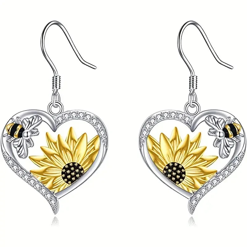Sunflower and Bee Heart-Shaped Earrings Vintage Bohemian