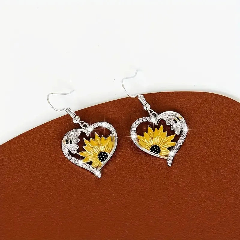 Sunflower and Bee Heart-Shaped Earrings Vintage Bohemian