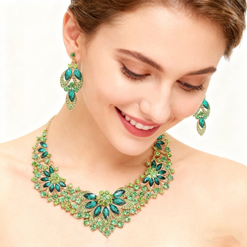 Green Crystal Multi-Layer Necklace & Earring Set