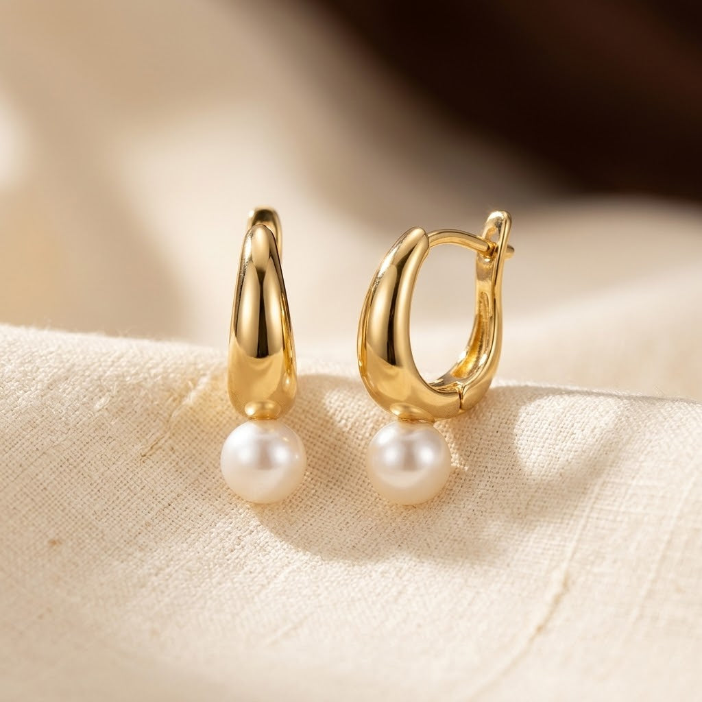 Gold Pearl Hoop Earrings