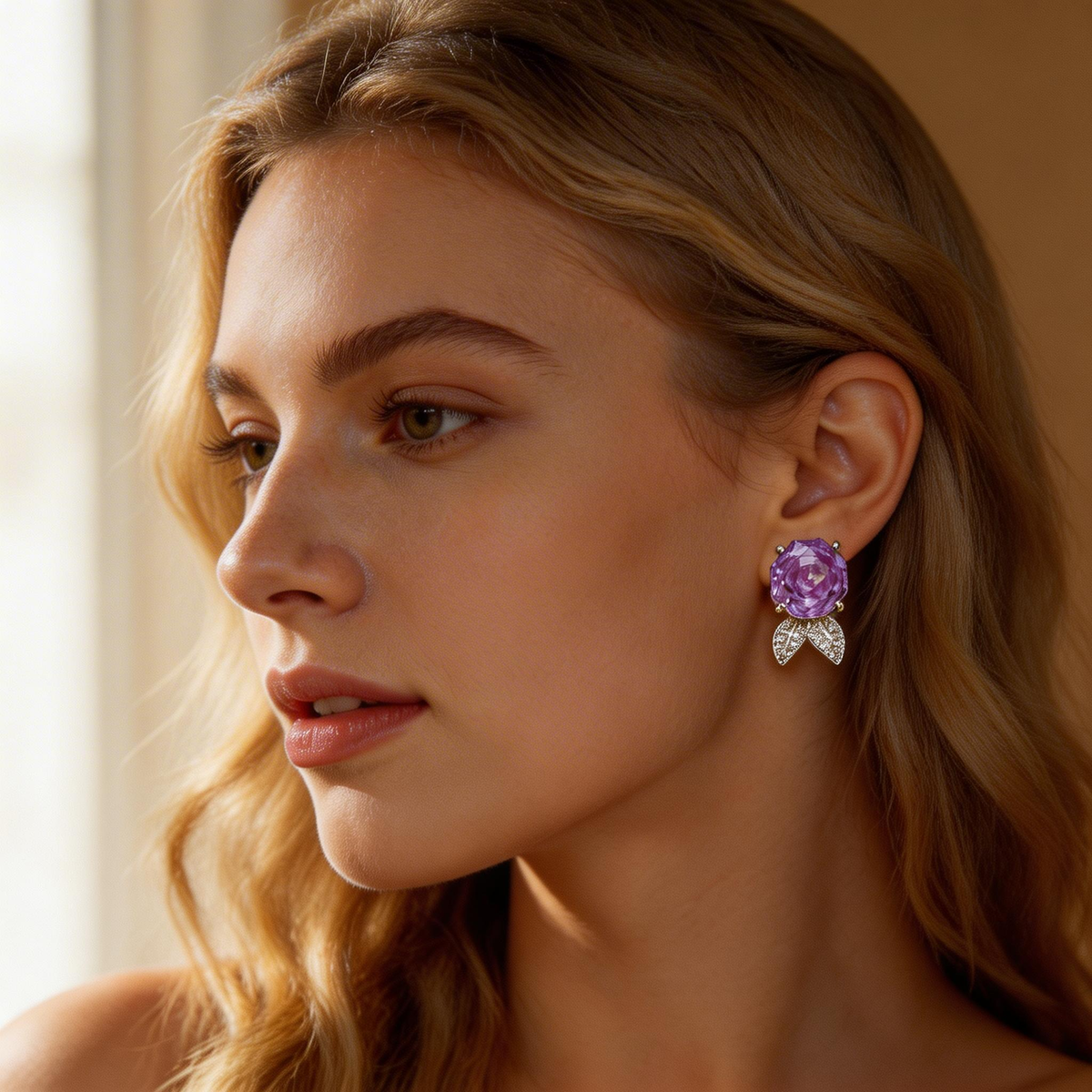 Ice Flower Amethyst Rose Stud Earrings