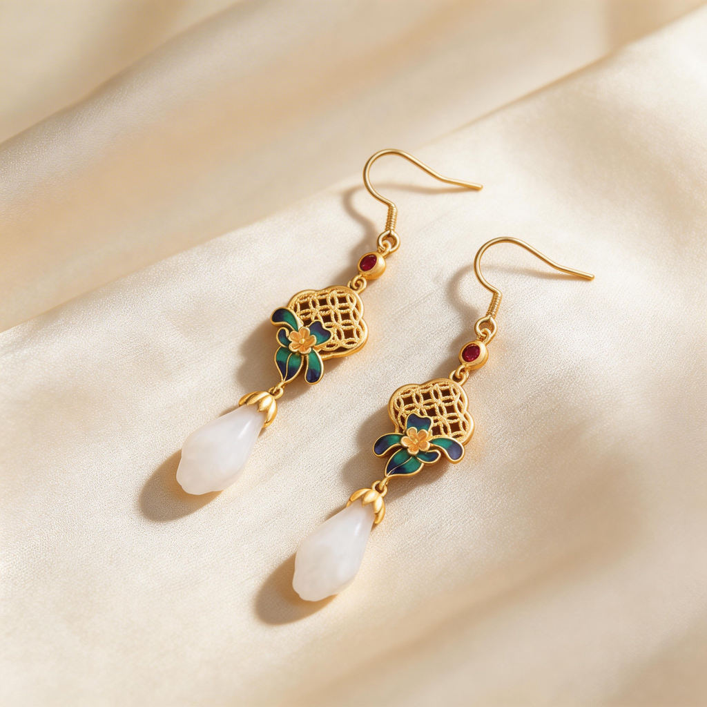 Natural White Jade Flower Drop Earrings