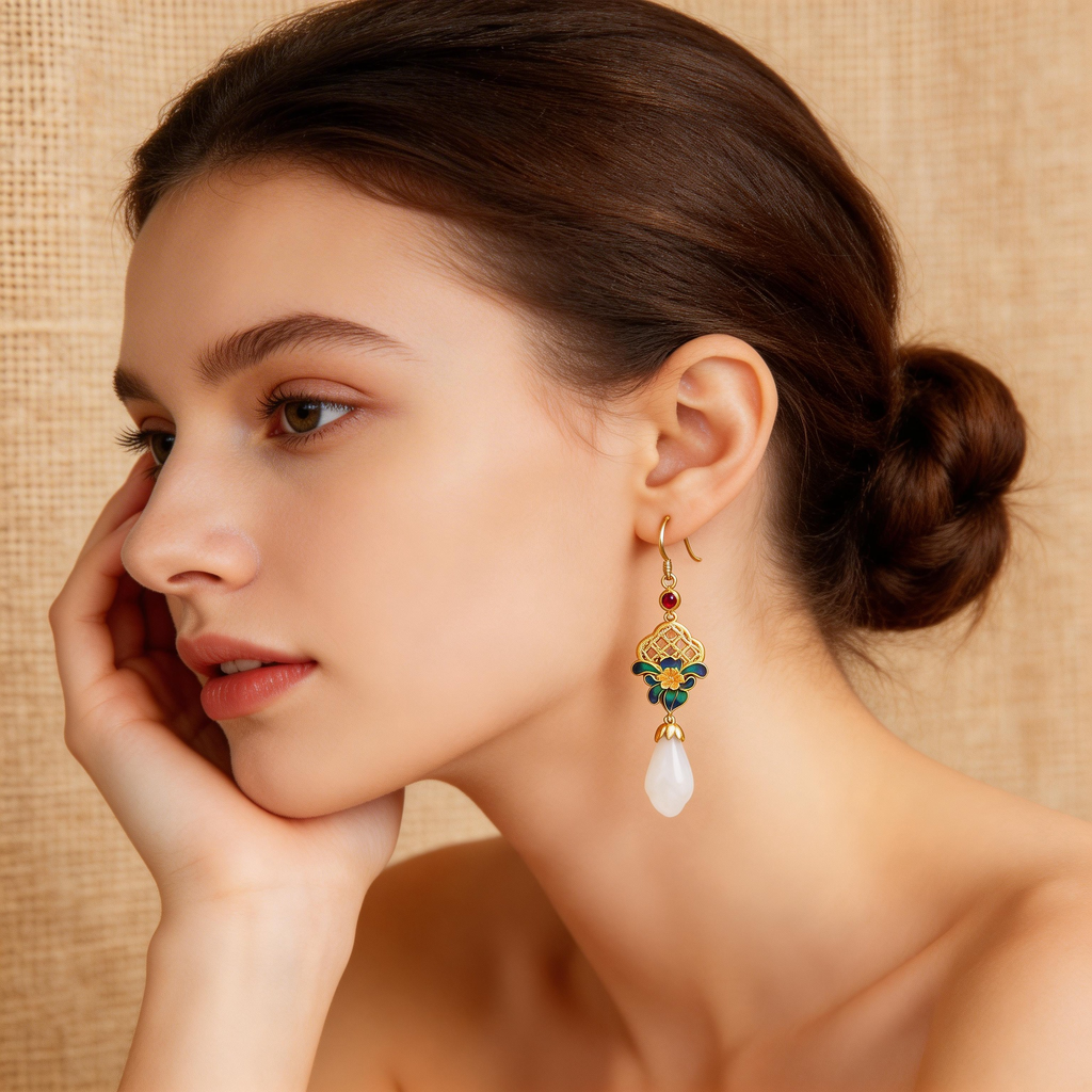 Natural White Jade Flower Drop Earrings