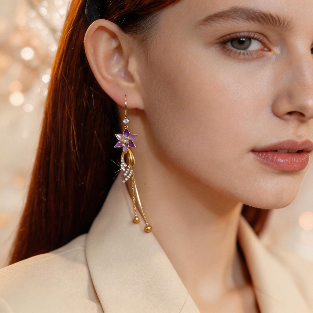 Elegant Purple Flower Tassel Earrings