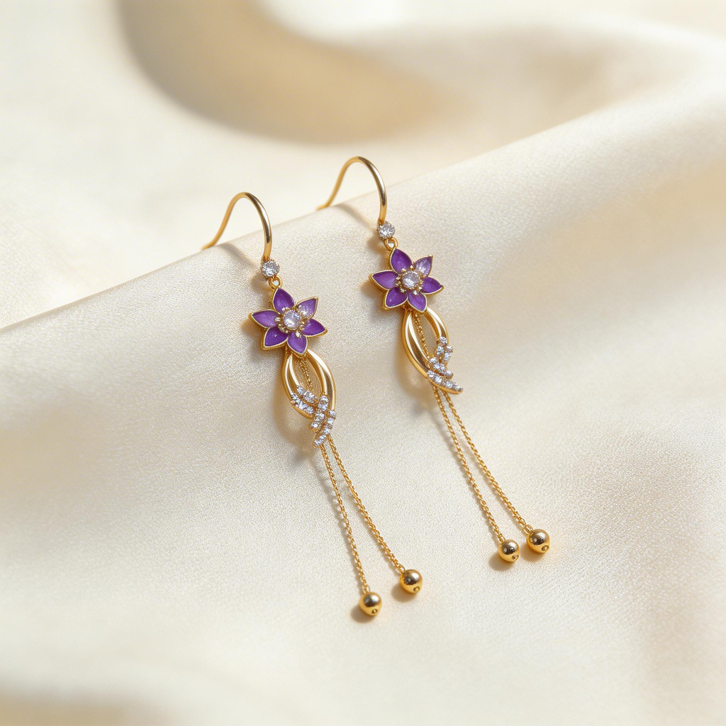 Elegant Purple Flower Tassel Earrings