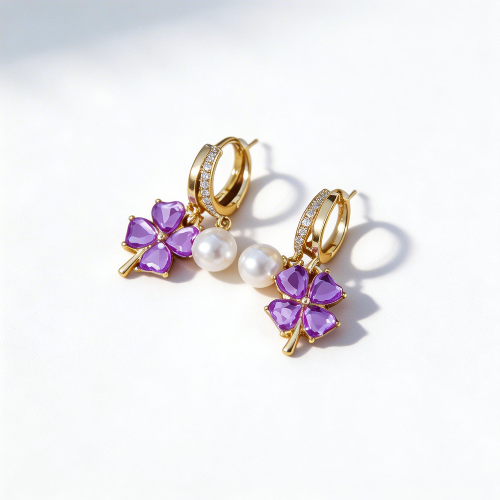 Elegant Clover Amethyst Pearl Earrings