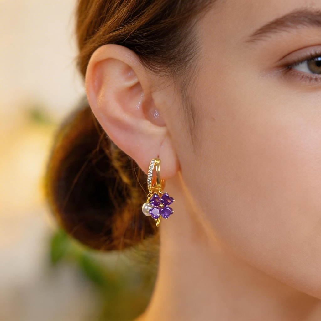 Elegant Clover Amethyst Pearl Earrings