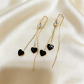 Elegant Double Black Heart Tassel Threader Earrings