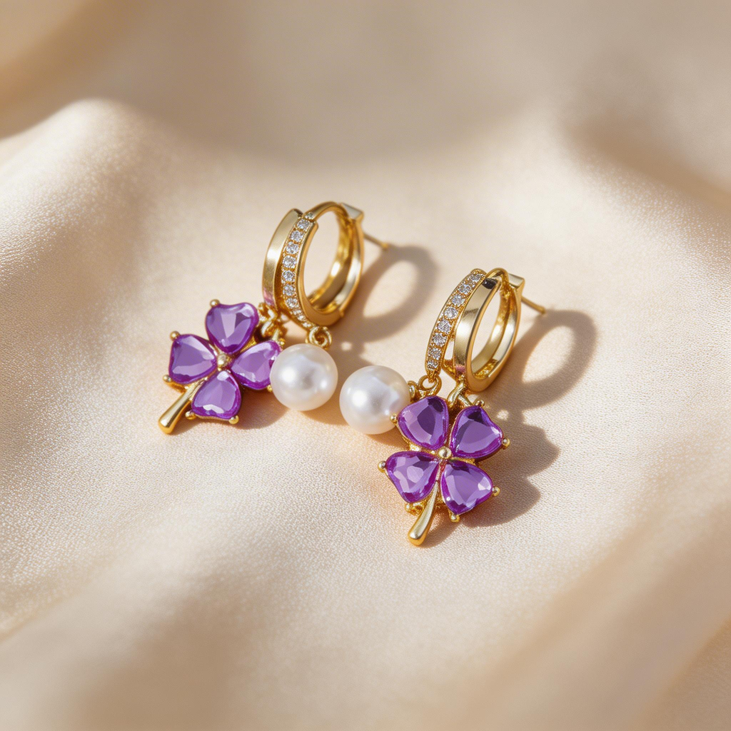 Elegant Clover Amethyst Pearl Earrings