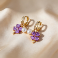 Elegant Clover Amethyst Pearl Earrings