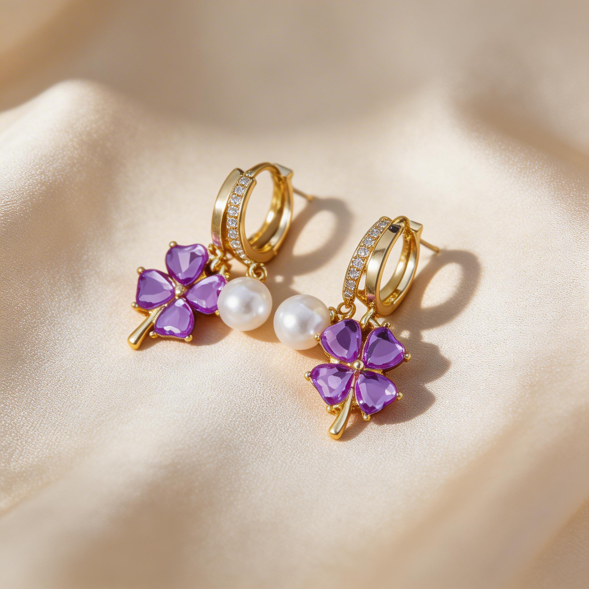 Elegant Clover Amethyst Pearl Earrings