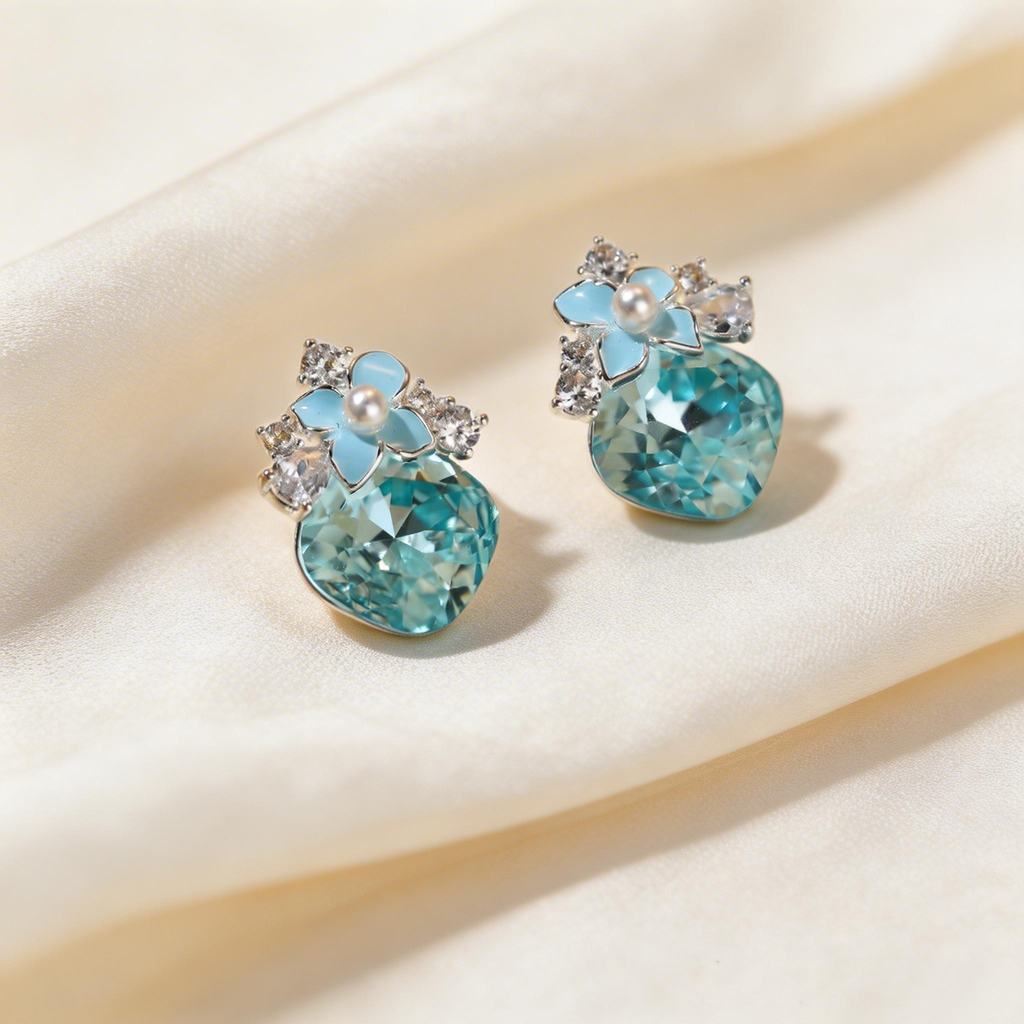Natural Blue Crystal Flower Stud Earrings