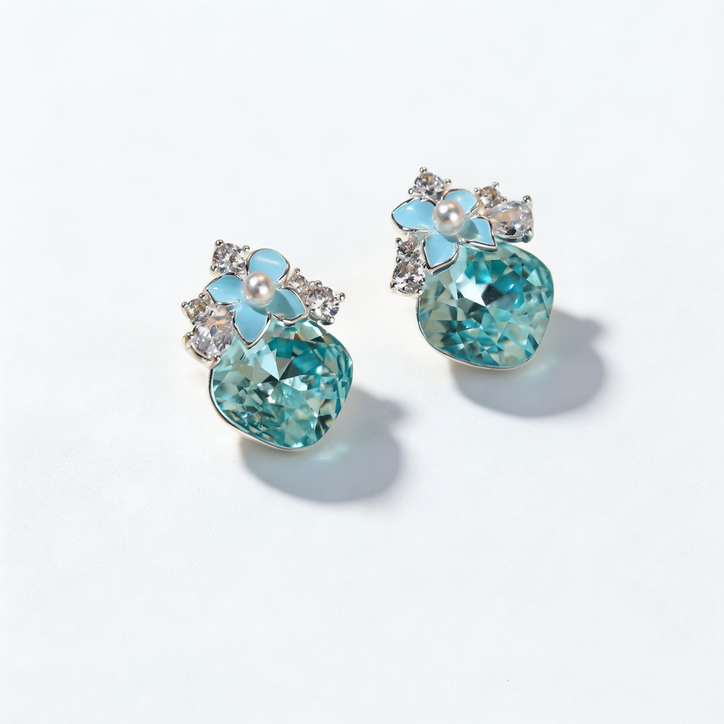 Natural Blue Crystal Flower Stud Earrings