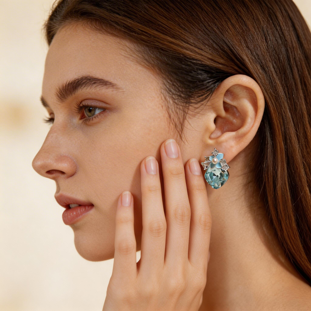 Natural Blue Crystal Flower Stud Earrings