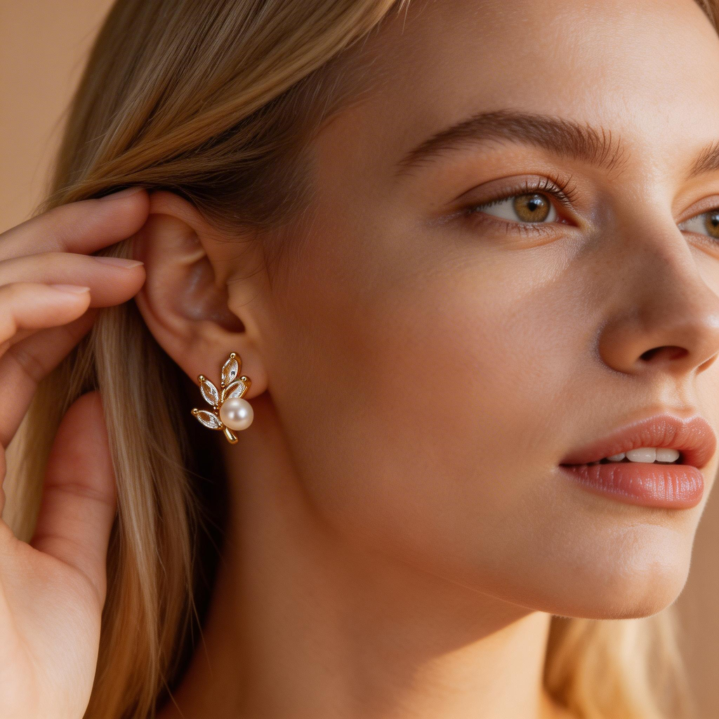 Elegant Leaf & Pearl Stud Earrings