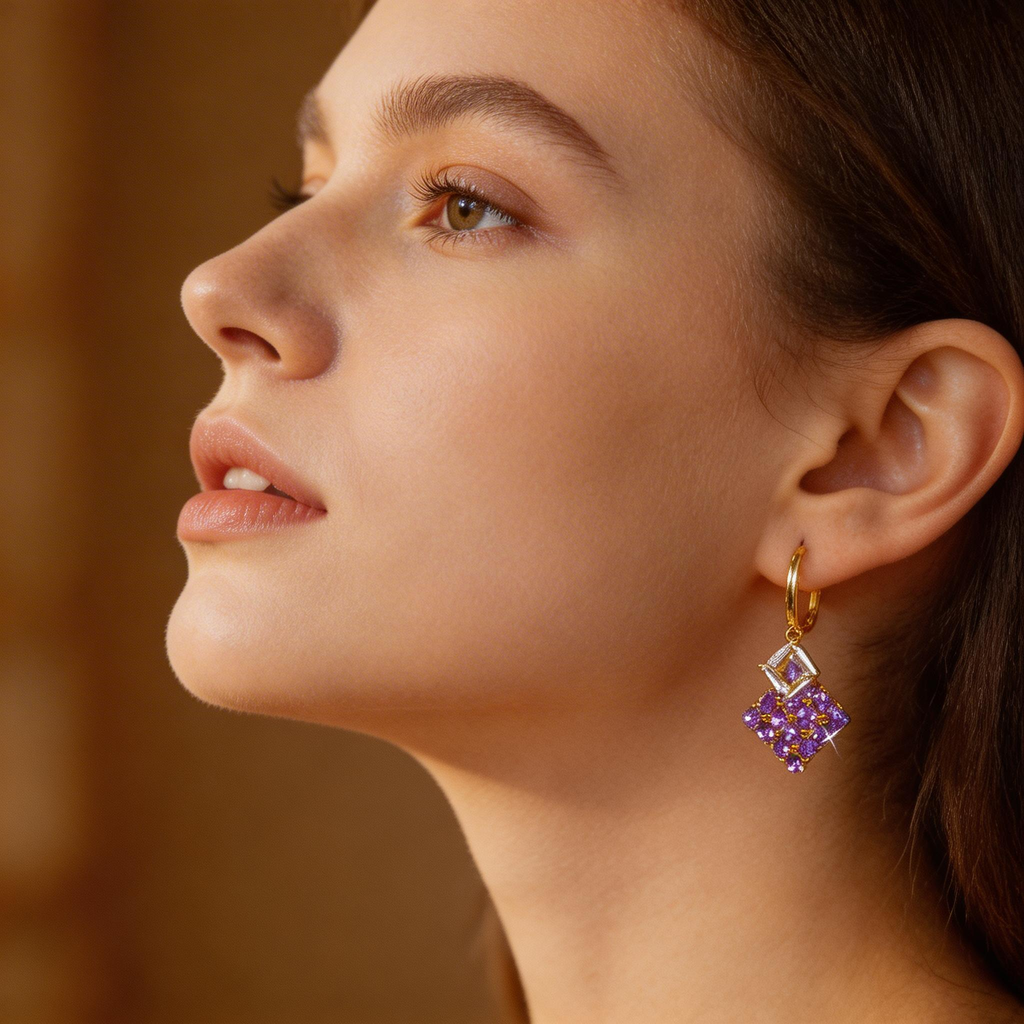 Elegant Amethyst Drop Hoop Earrings
