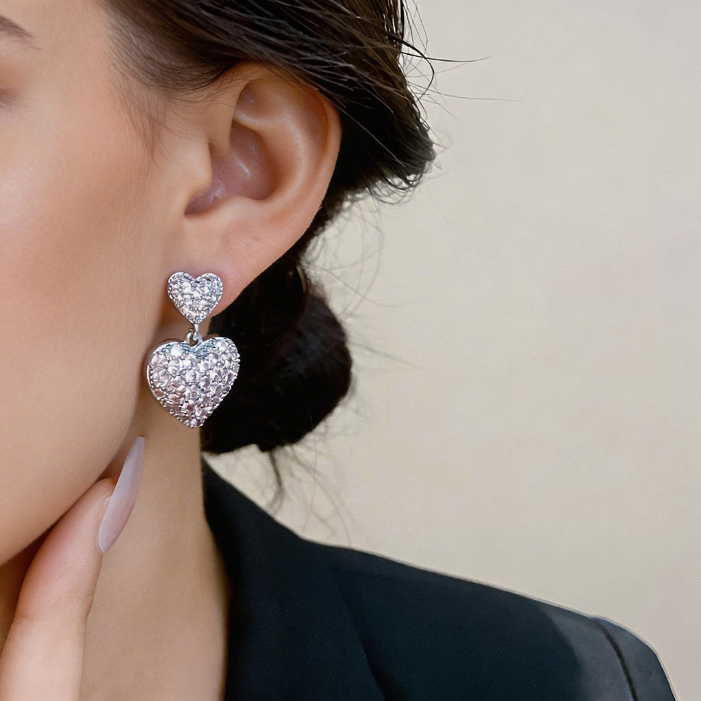 Minimalist Double Heart Drop Stud Earrings