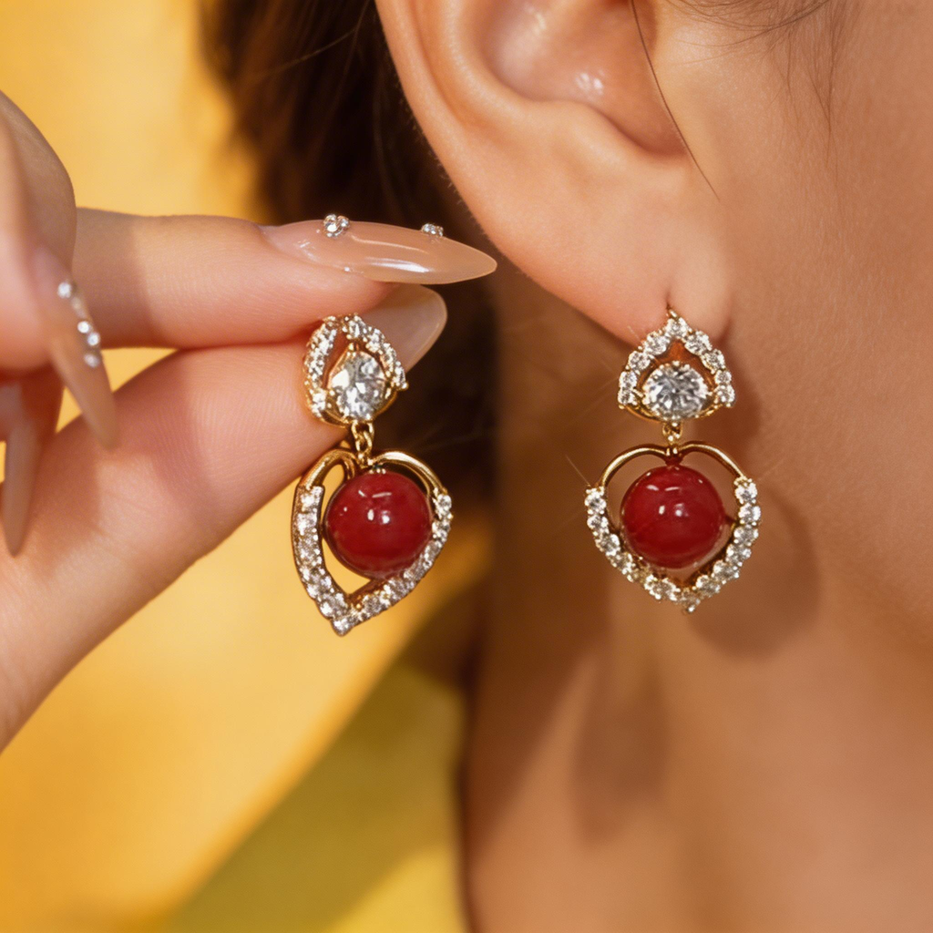 Elegant Heart Red Agate Drop Earrings