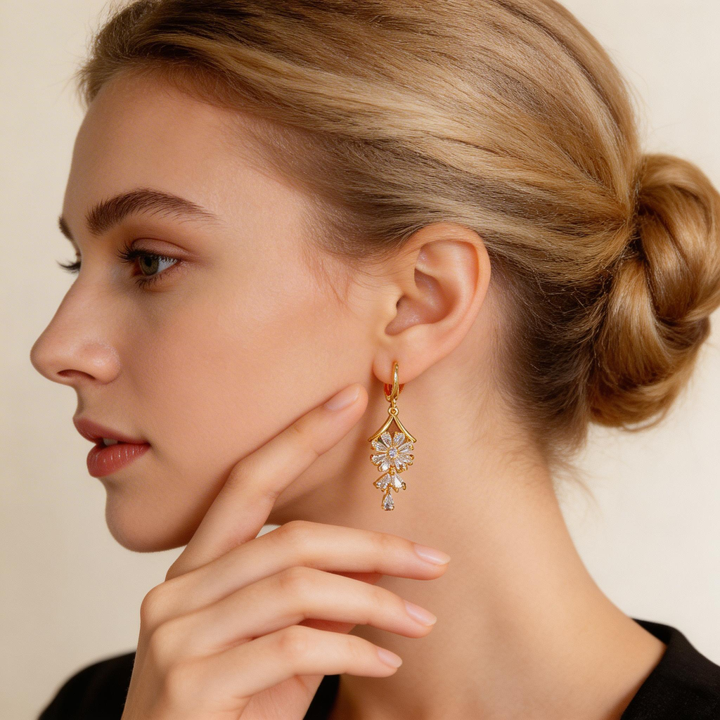 Flower Cluster Drop Hoop Earrings