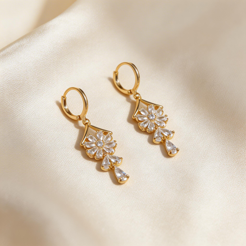 Flower Cluster Drop Hoop Earrings