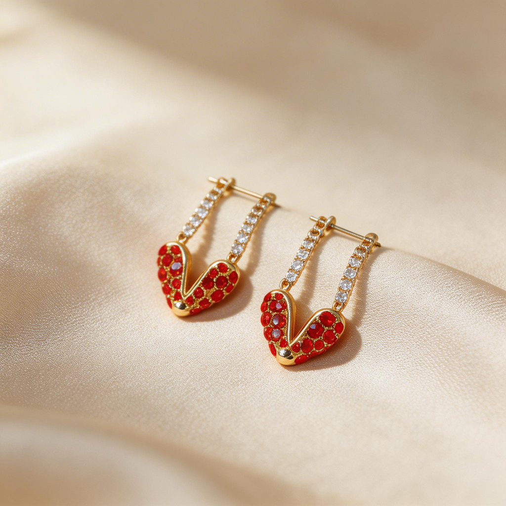 Romantic Red Crystal Heart Drop Earrings