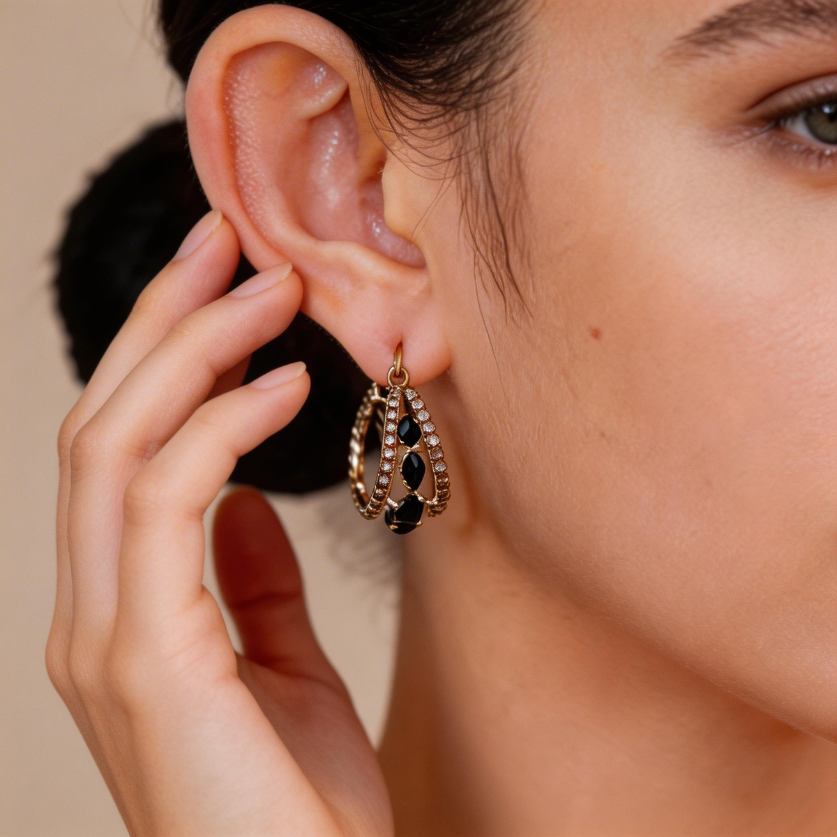 Vintage Black Crystal Double-Layer Hoop Earrings