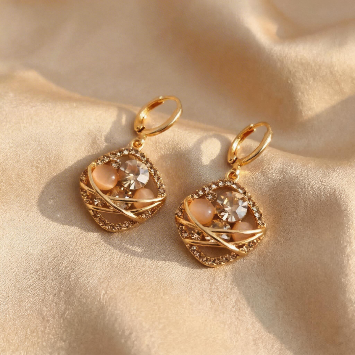 Vintage Cat Eye Crystal Cage Drop Earrings
