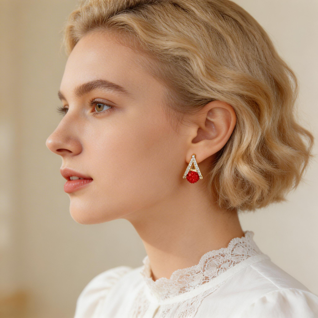 Red Crystal Pavé Sphere Drop Hoop Earrings