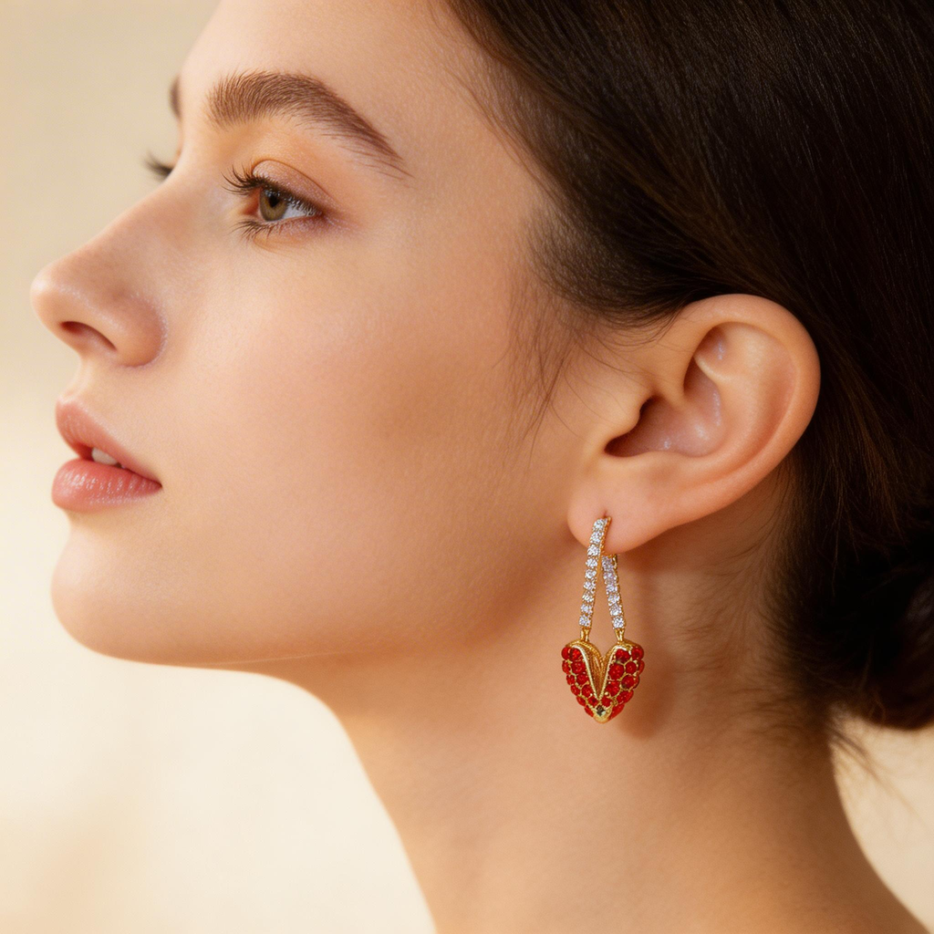 Romantic Red Crystal Heart Drop Earrings