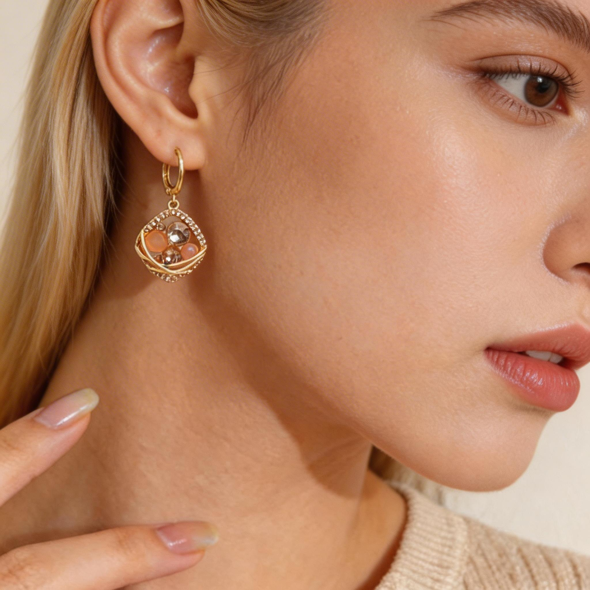 Vintage Cat Eye Crystal Cage Drop Earrings