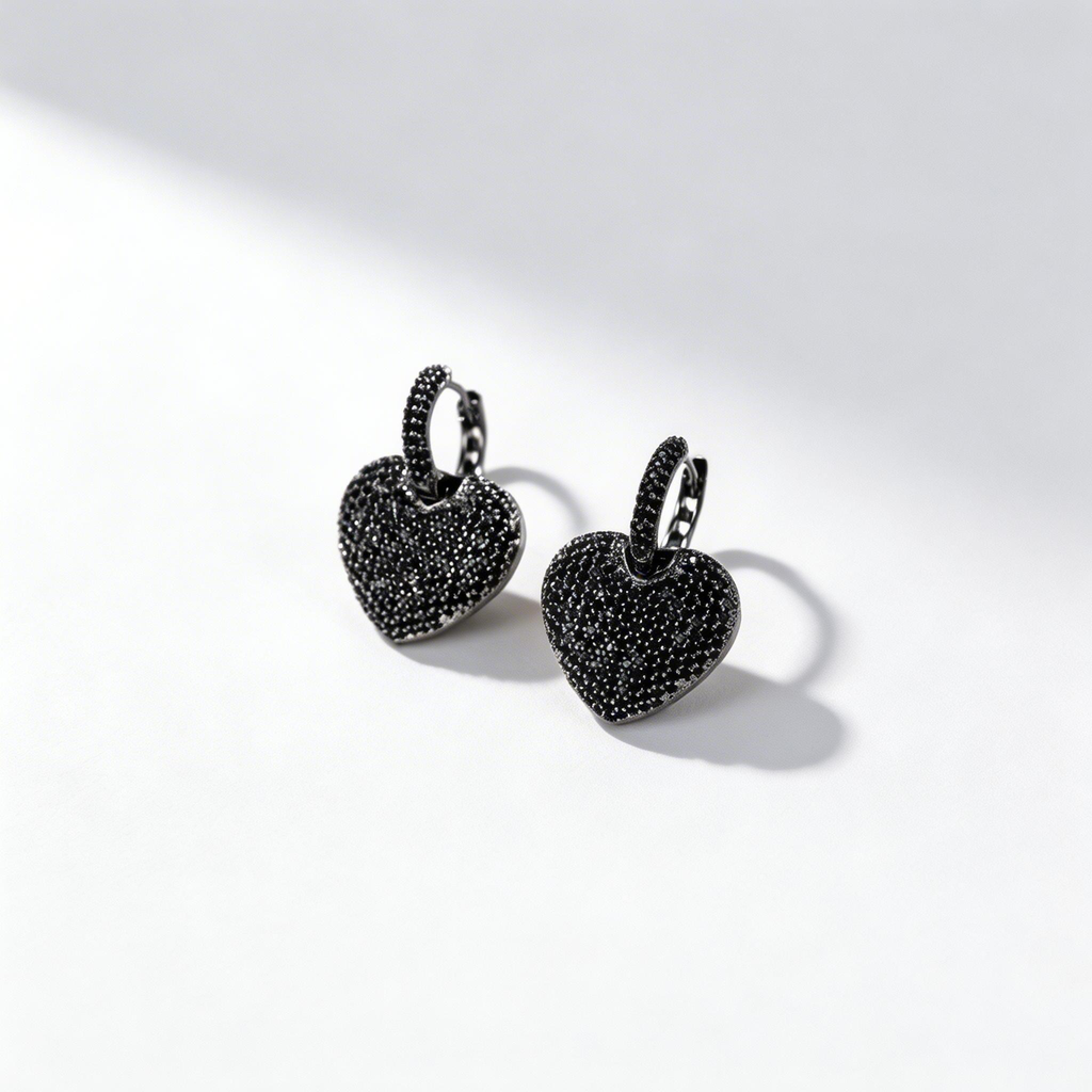 Black Diamond Heart Drop Hoop Earrings