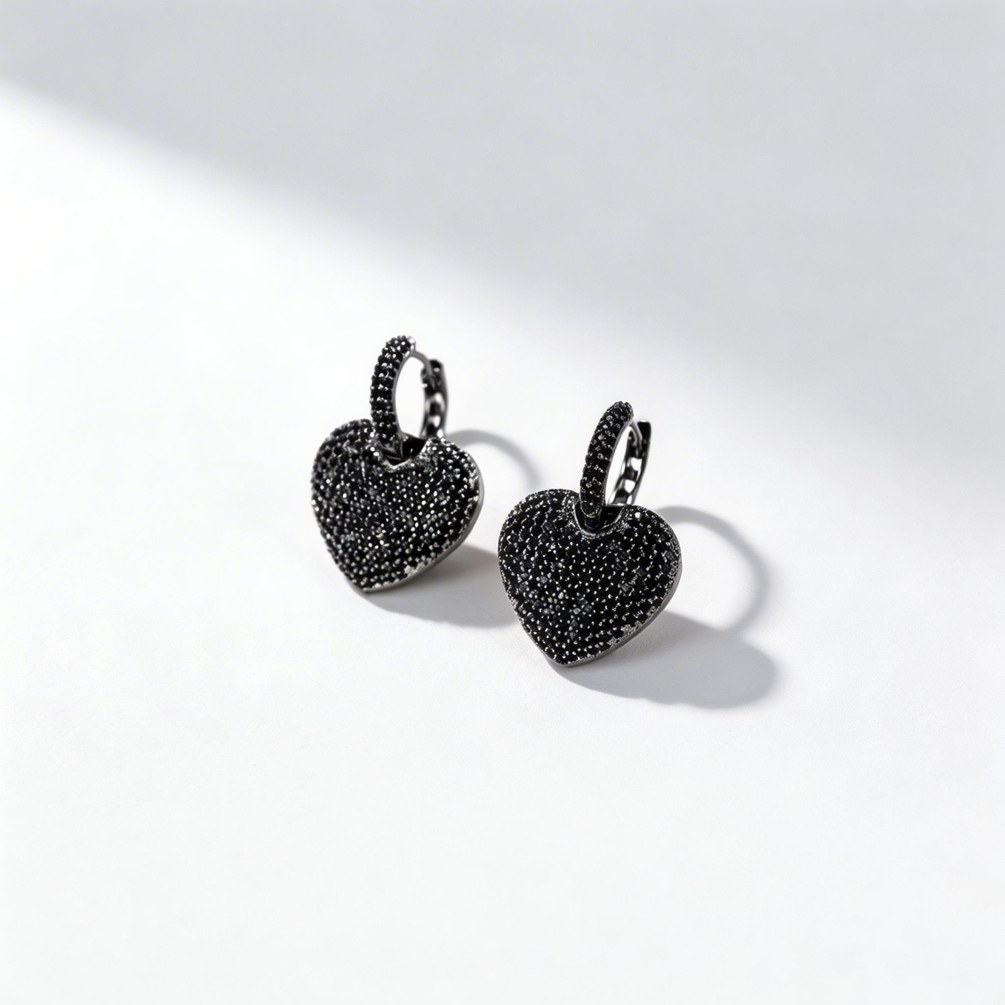 Black Diamond Heart Drop Hoop Earrings