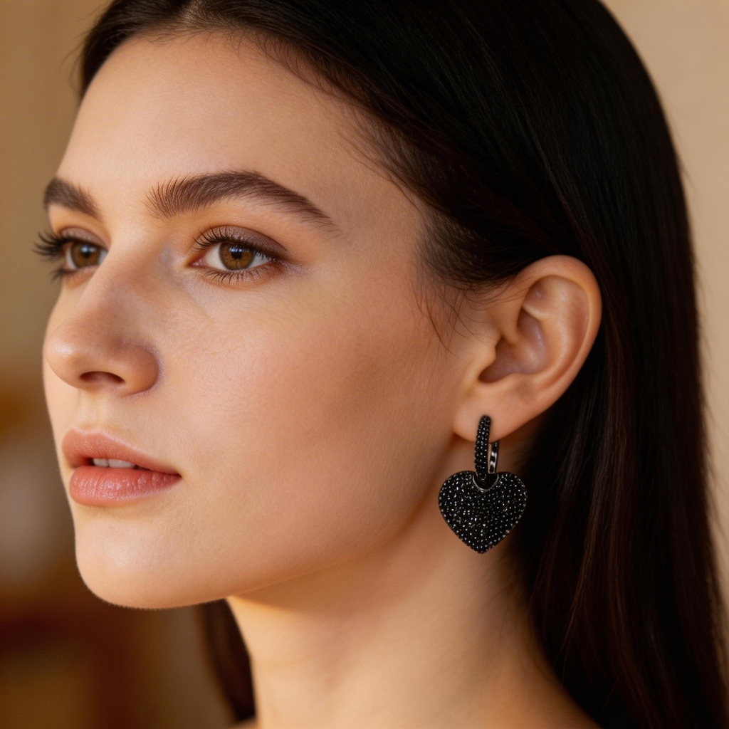 Black Diamond Heart Drop Hoop Earrings