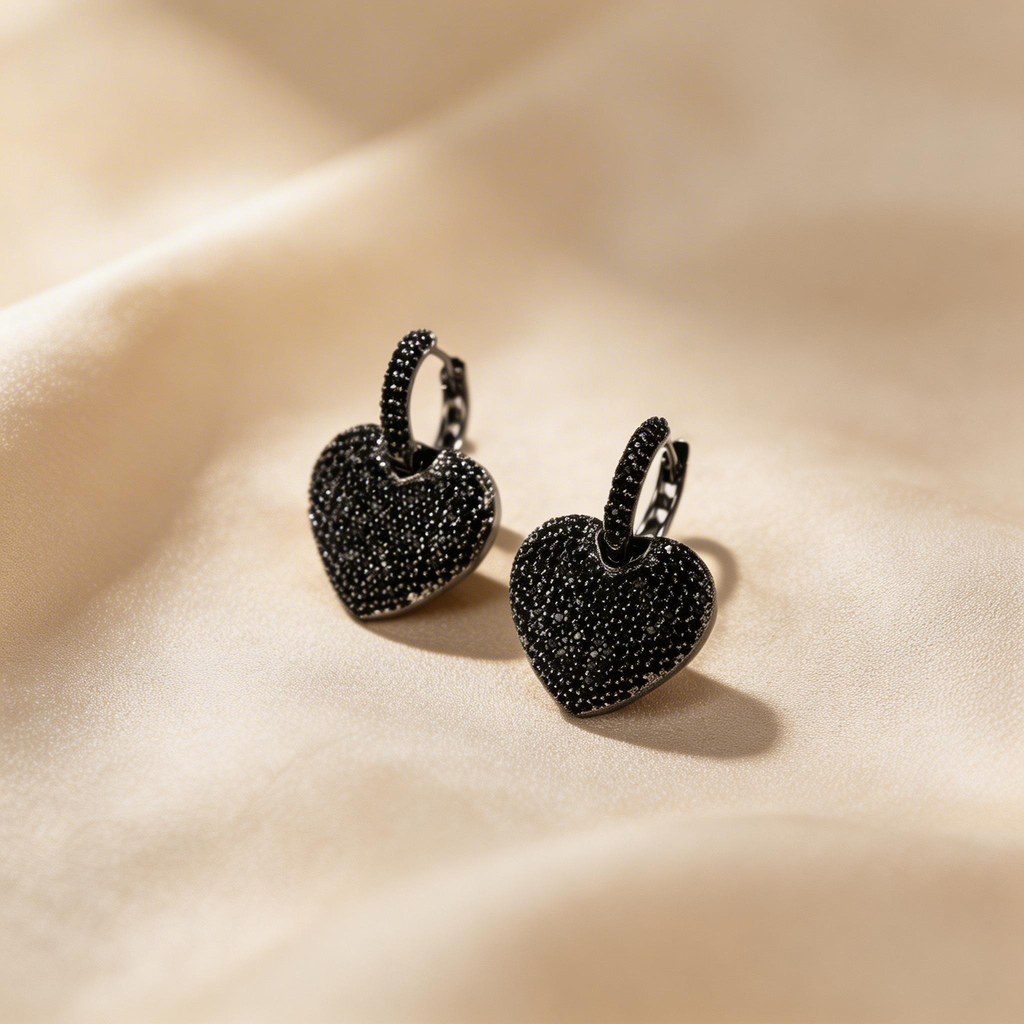Black Diamond Heart Drop Hoop Earrings