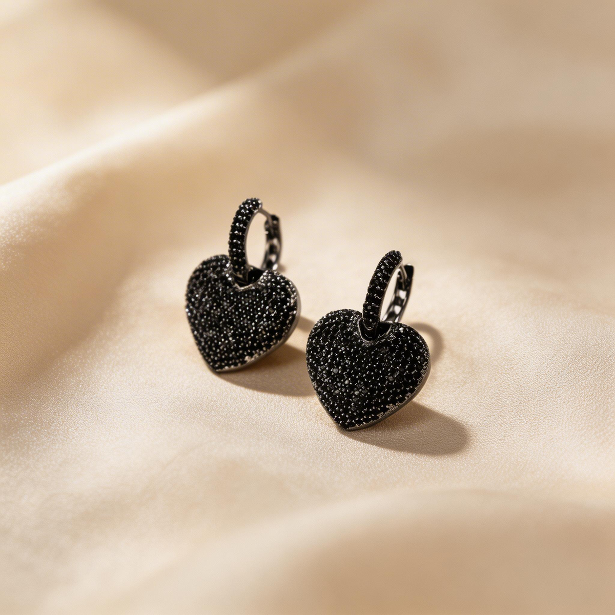 Black Diamond Heart Drop Hoop Earrings