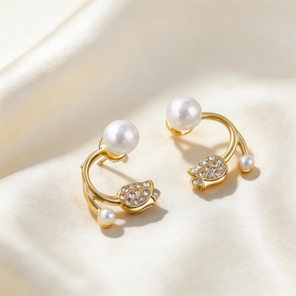 Tulip Pearl Pavé Ear Cuff Stud Earrings