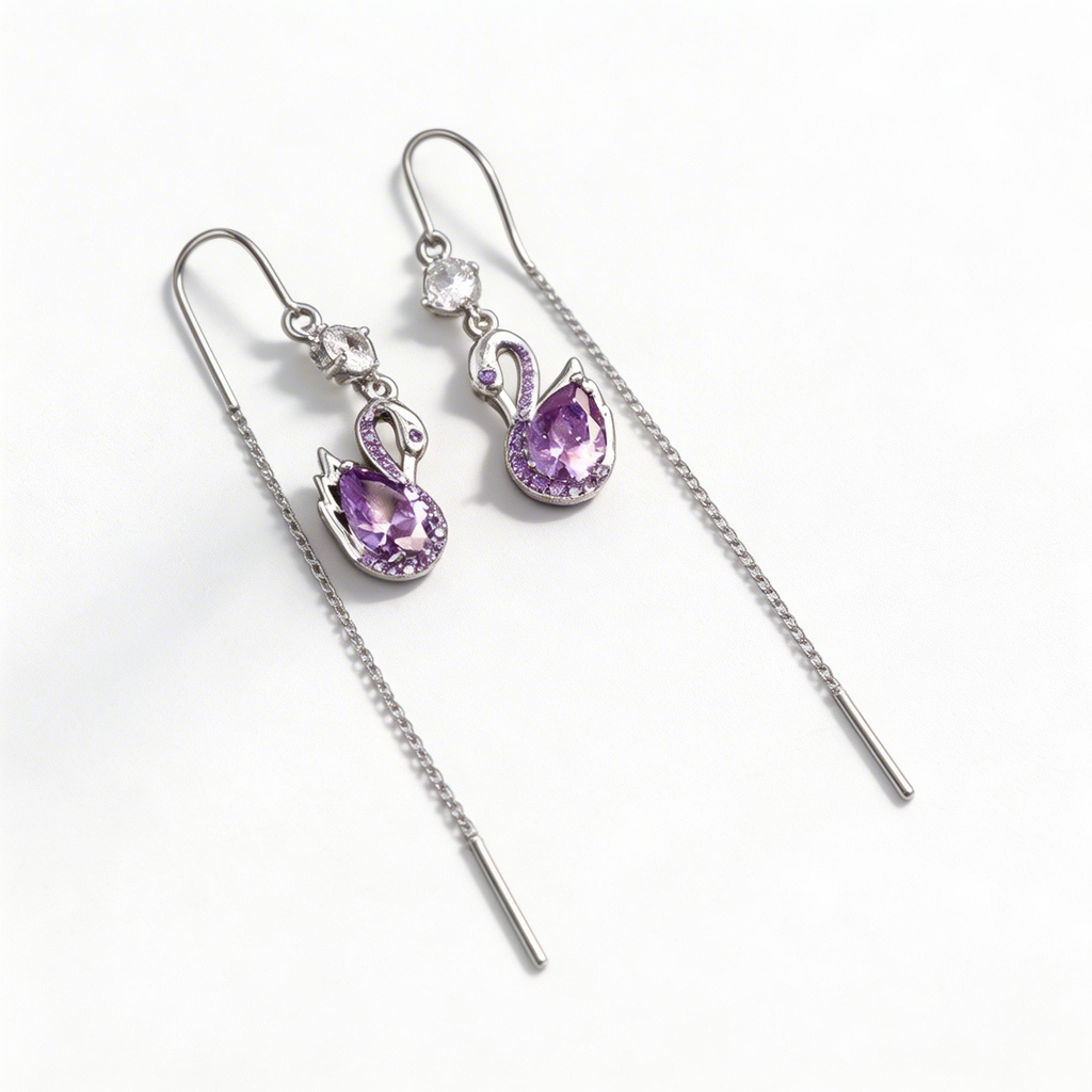 Swan Amethyst Tassel Chain Earrings