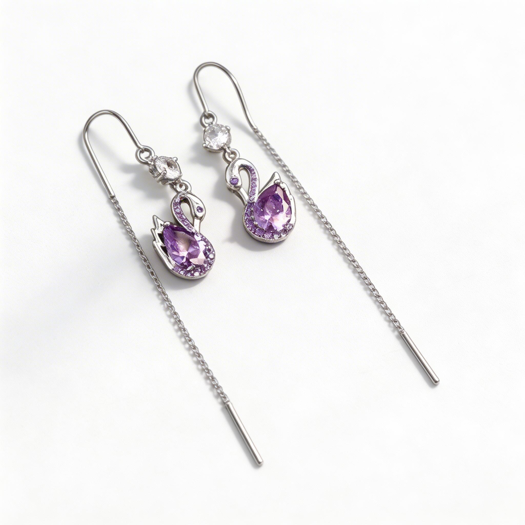 Swan Amethyst Tassel Chain Earrings