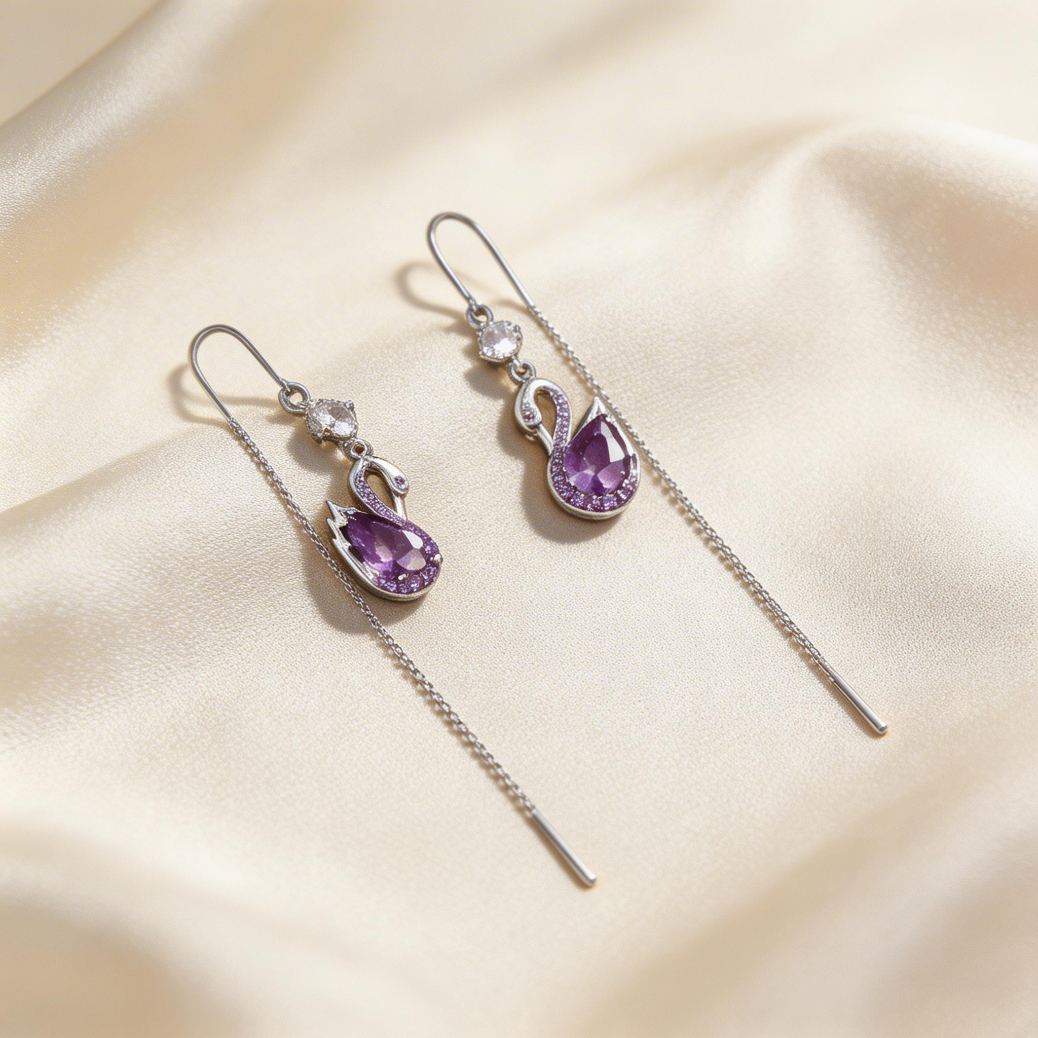 Swan Amethyst Tassel Chain Earrings
