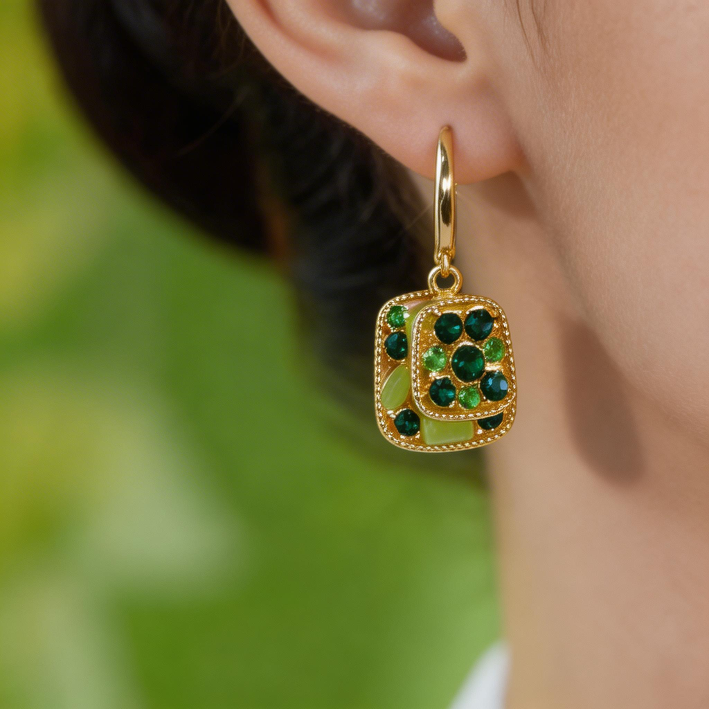 Layered Square Gemstone Drop Hoop Earrings