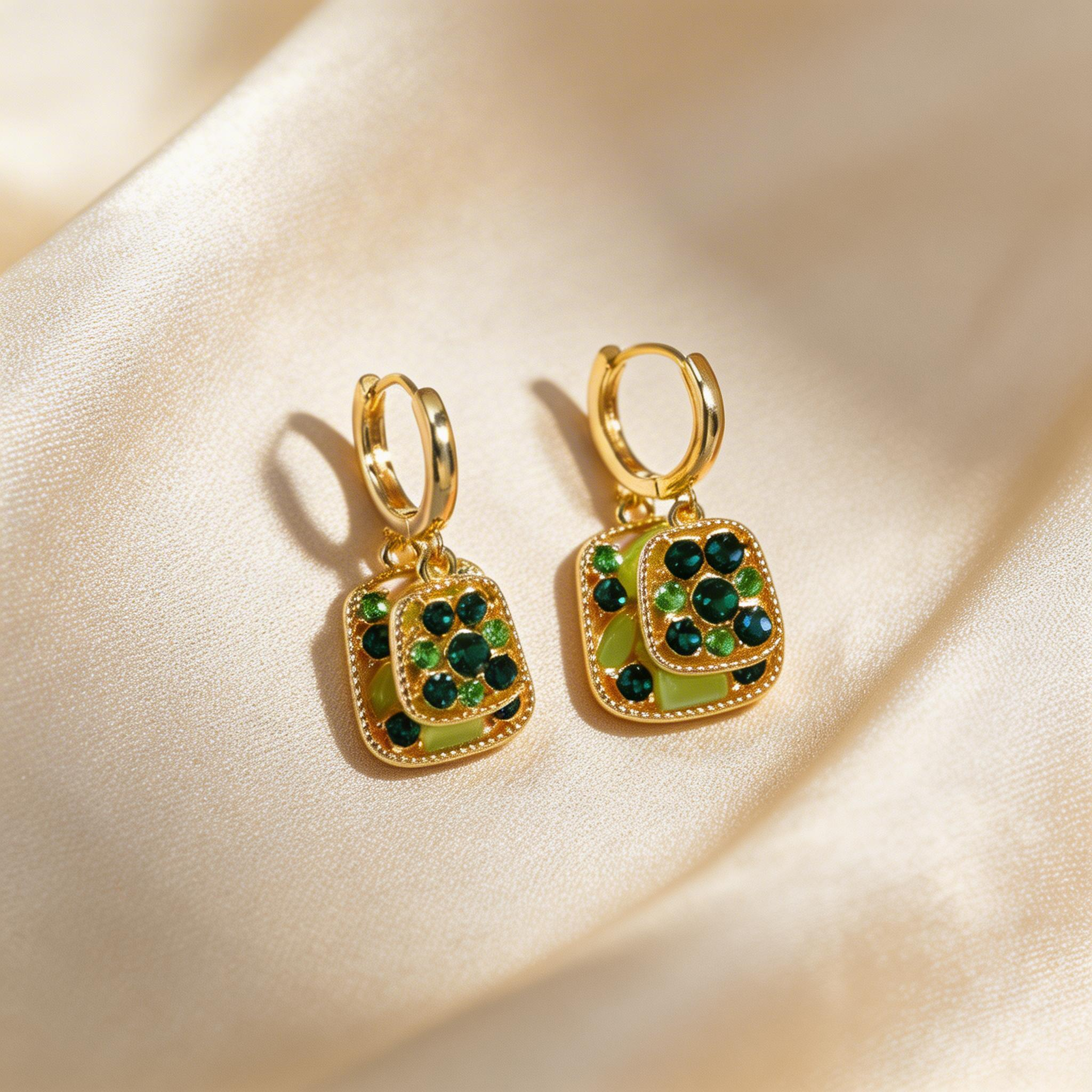 Layered Square Gemstone Drop Hoop Earrings