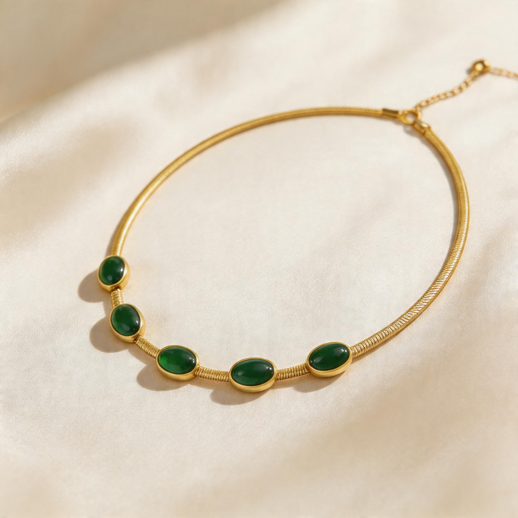 Emerald Cabochon Snake Chain Necklace