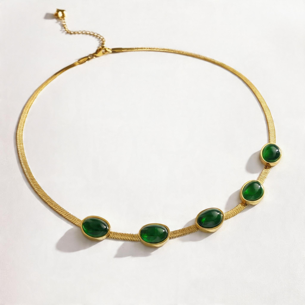 Emerald Cabochon Snake Chain Necklace