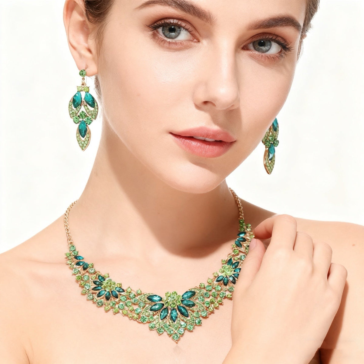 Green Crystal Multi-Layer Necklace & Earring Set