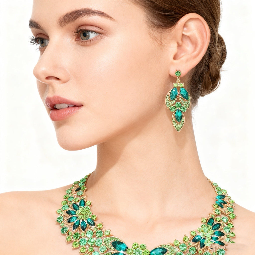 Green Crystal Multi-Layer Necklace & Earring Set