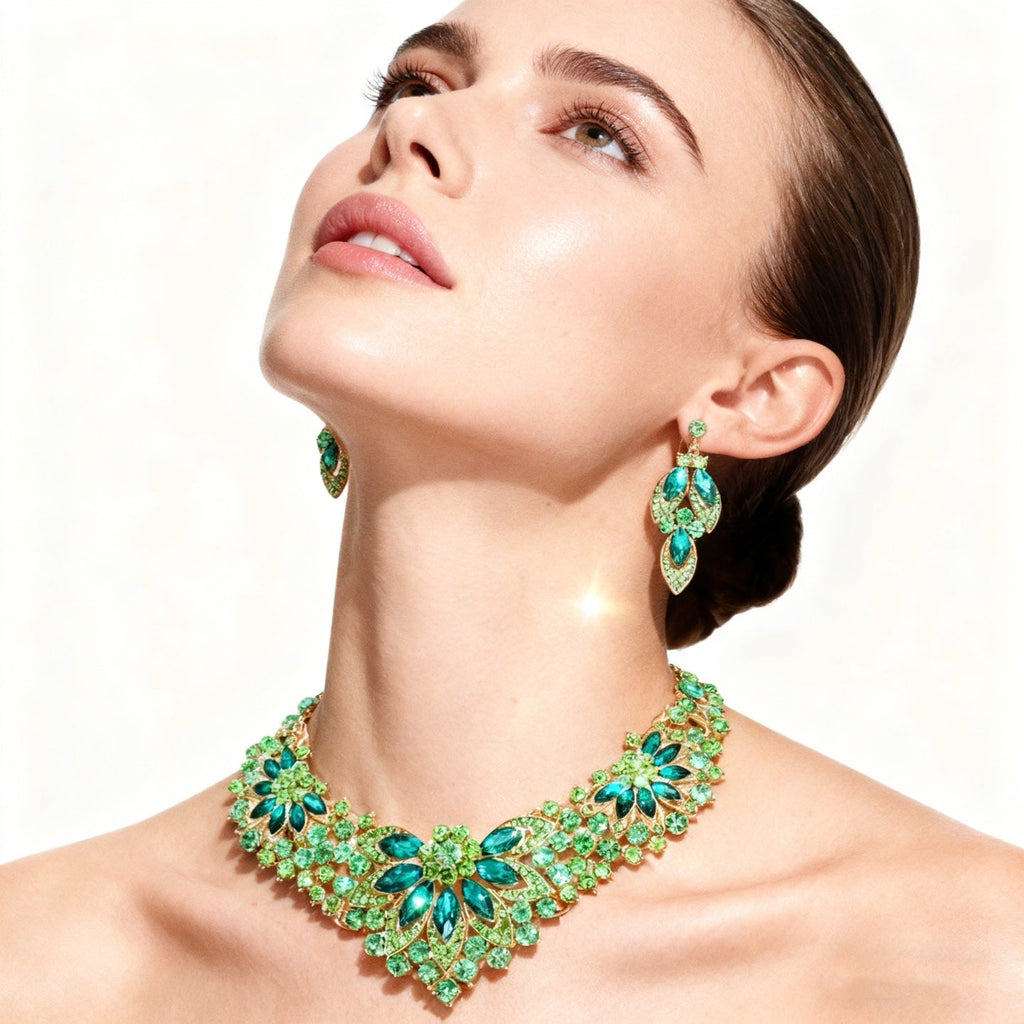 Green Crystal Multi-Layer Necklace & Earring Set