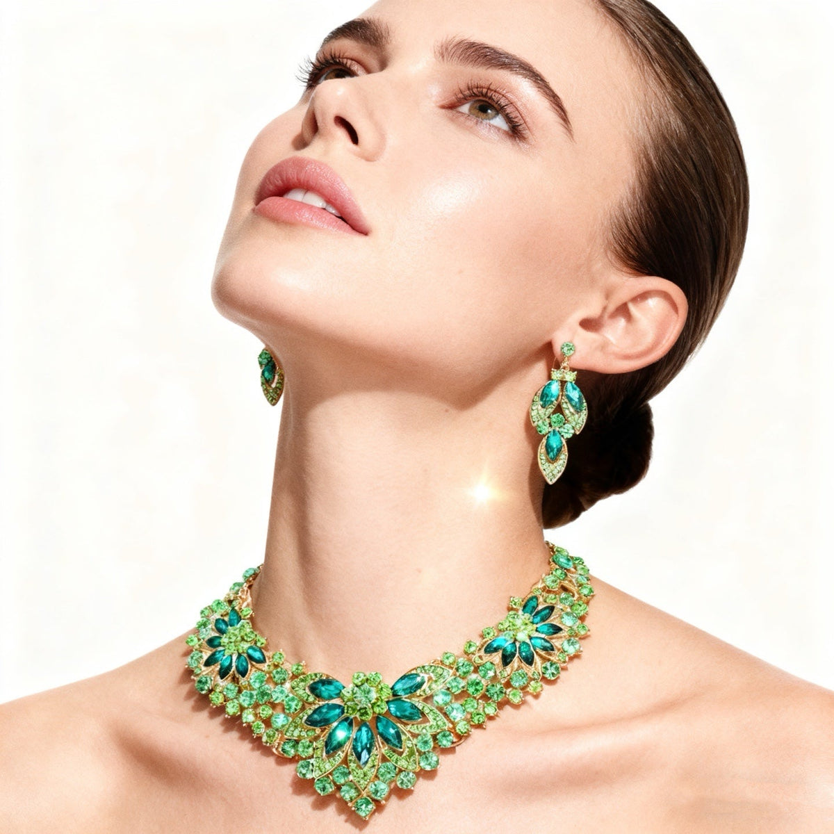 Green Crystal Multi-Layer Necklace & Earring Set